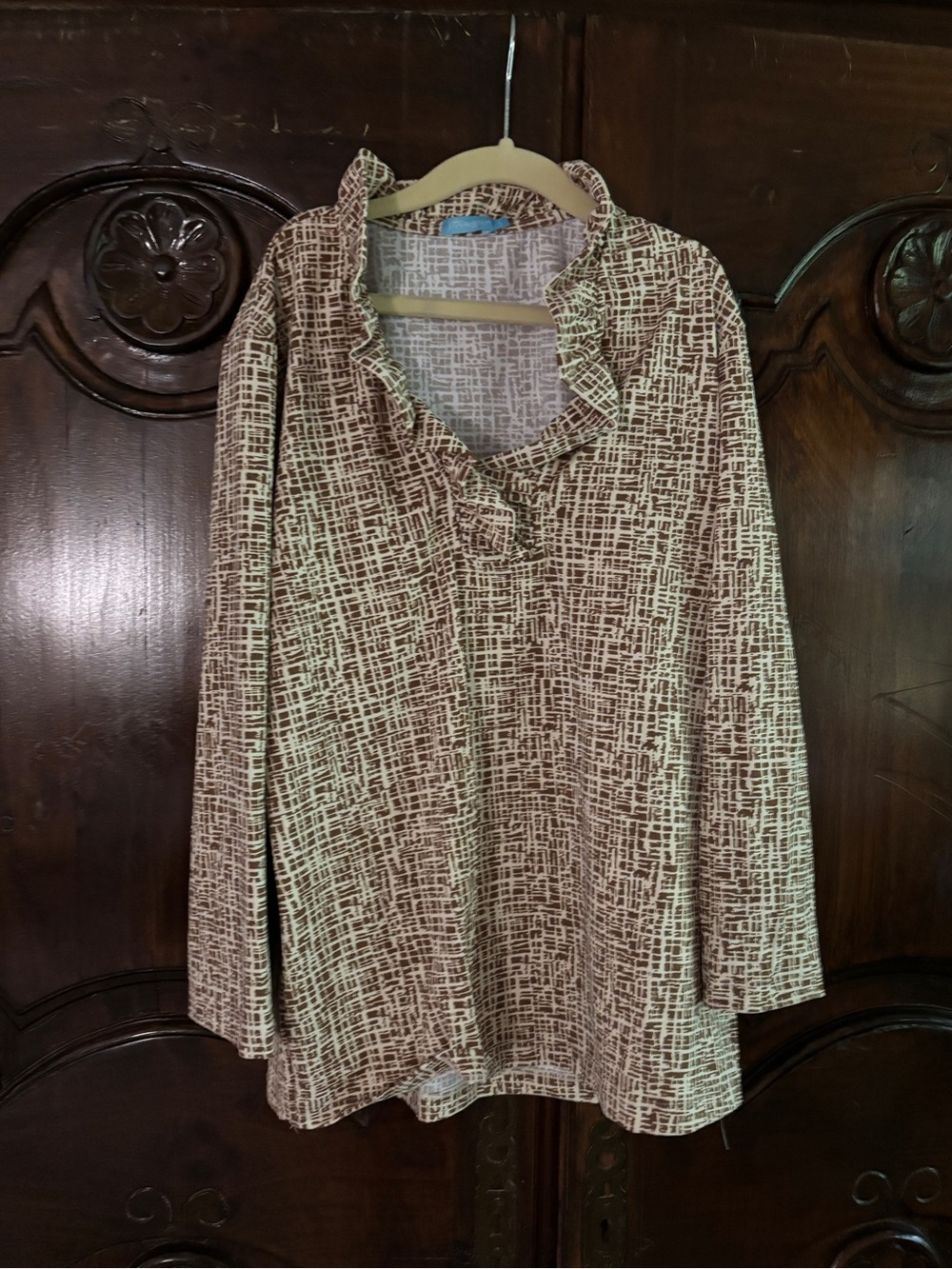 J. McLaughlin Brown Patterned Ruffle-Neck Long Sleeve Top